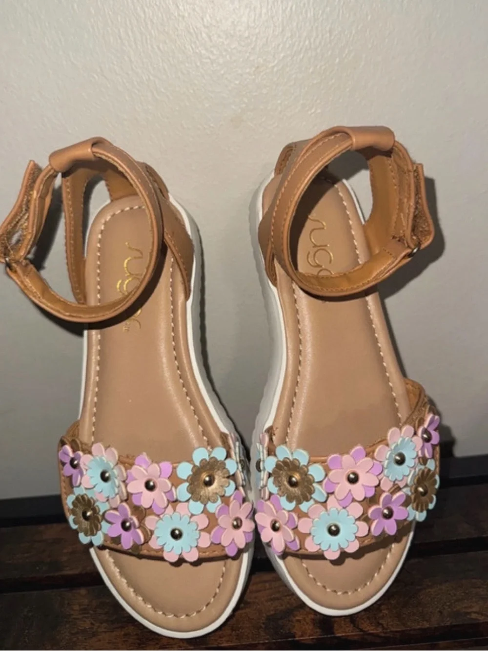 Sugar Tan Floral Ankle-Strap Sandals with Pink, Blue, Purple & Gold Flowers